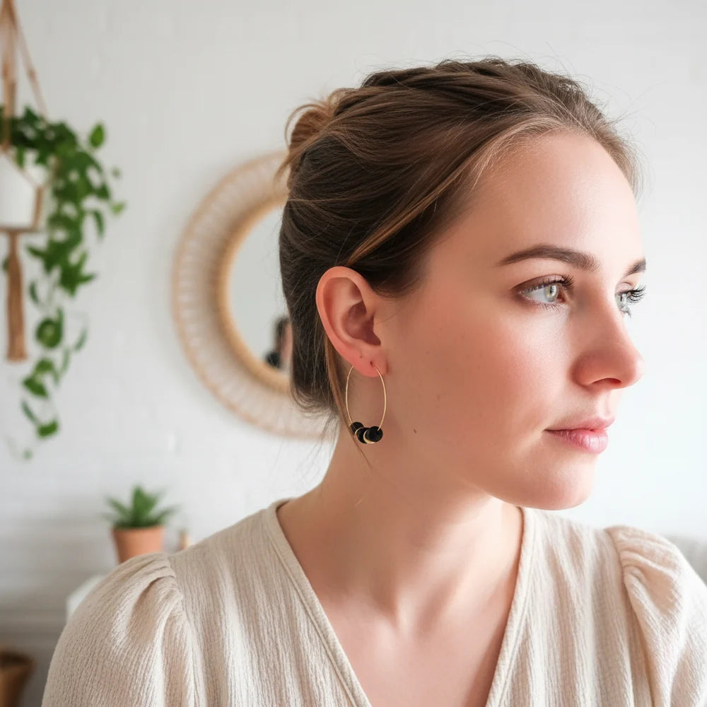 Lava oorbellen rond + etherische olie Pompelmoes